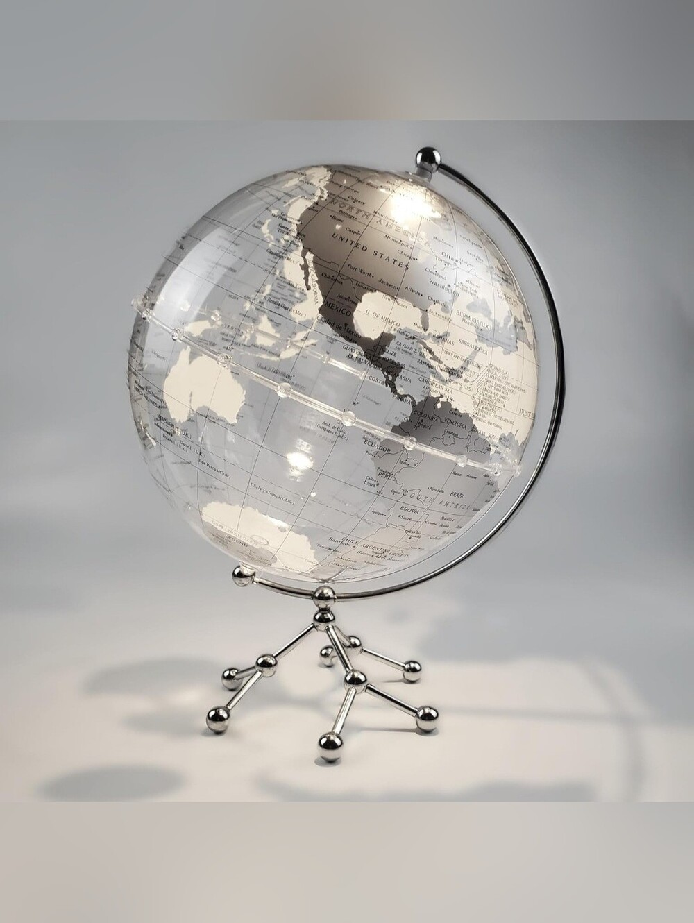 Silver Earth Globe, Desk Lamp, Touch Warm White Light (25 cm/9.9in) World Map
